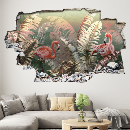 Hole In The Wall Sticker - Optical illusions - Pink Flamingos