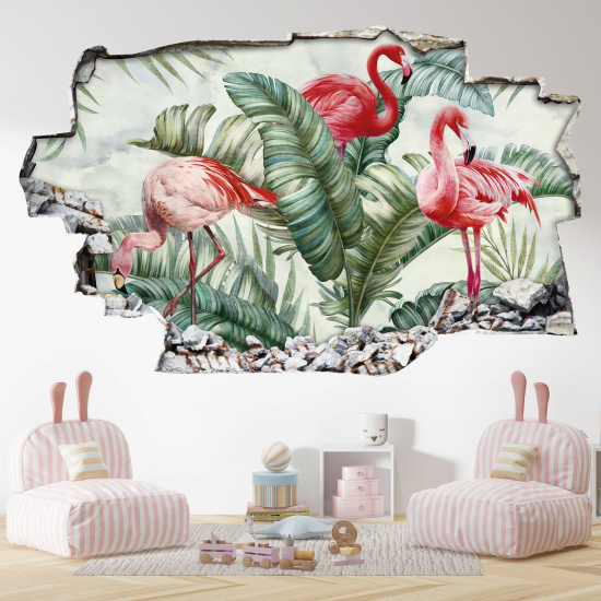 Hole In The Wall Sticker - Optical illusions - Pink Flamingos