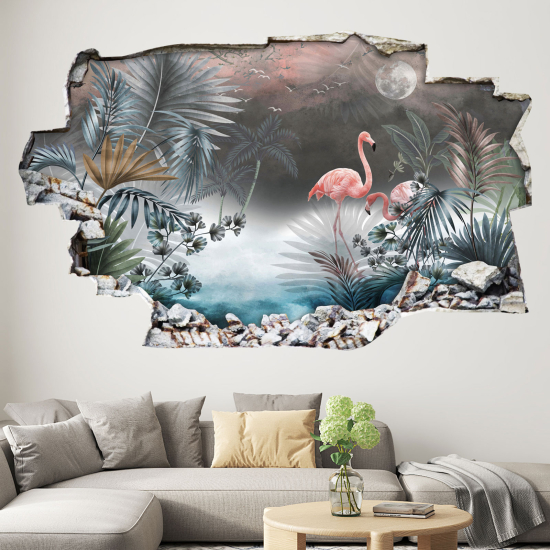 Hole In The Wall Sticker - Optical illusions - Pink Flamingos