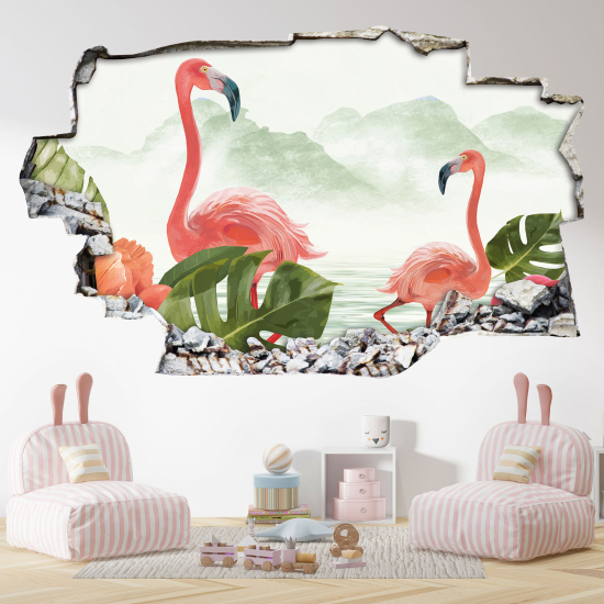 Hole In The Wall Sticker - Optical illusions - Pink Flamingos