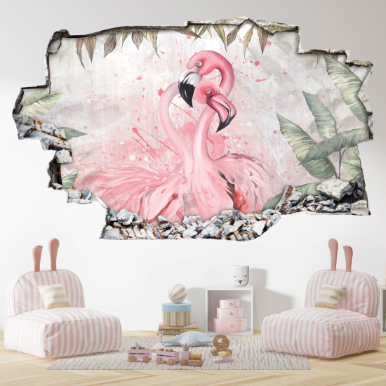 Hole In The Wall Sticker - Optical illusions - Pink Flamingos