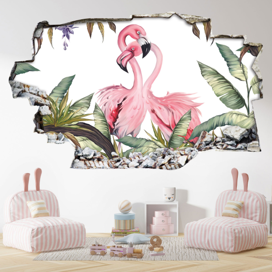 Hole In The Wall Sticker - Optical illusions - Pink Flamingos