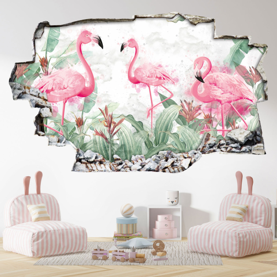 Hole In The Wall Sticker - Optical illusions - Pink Flamingos