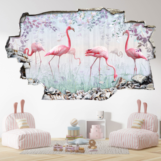 Hole In The Wall Sticker - Optical illusions - Pink Flamingos