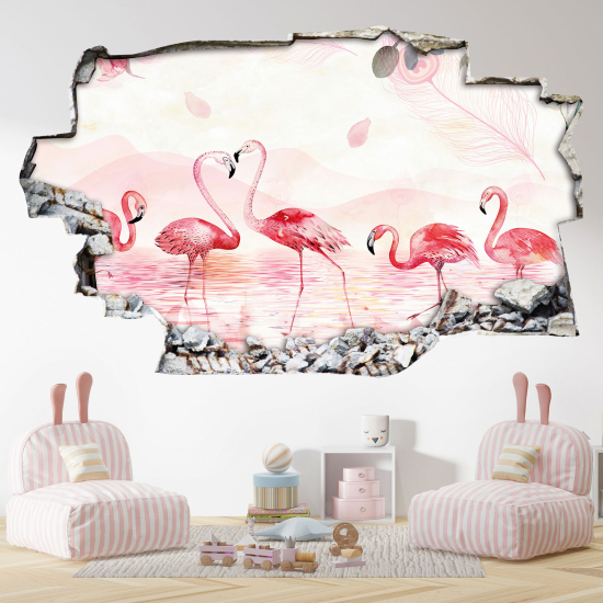 Hole In The Wall Sticker - Optical illusions - Pink Flamingos