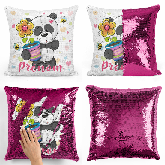 Magic Sequin Glitter Pillow - Panda with flower pot