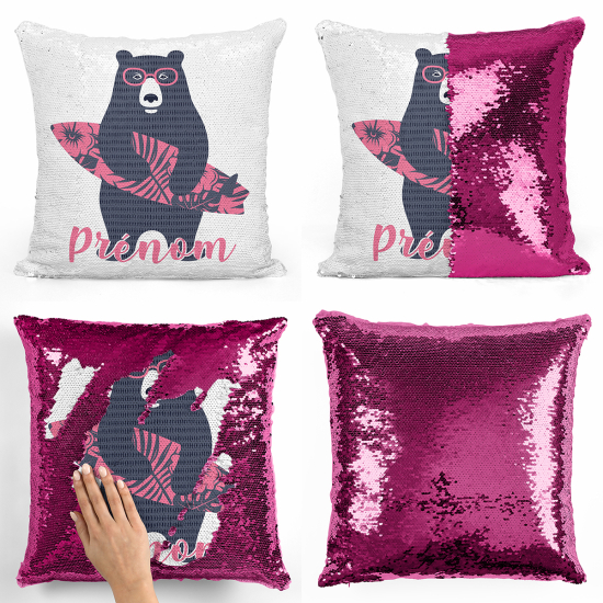 Magic Sequin Glitter Pillow - Surfer bear