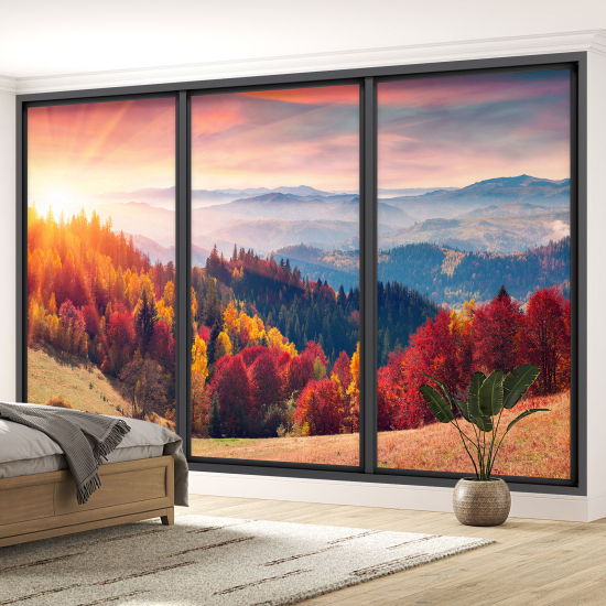 Optical Illusion Panoramic Bay Window Wall Mural / Wallpaper - Autumn Forest