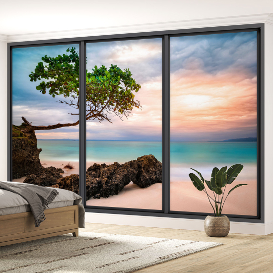 Optical Illusion Panoramic Bay Window Wall Mural / Wallpaper - Beach