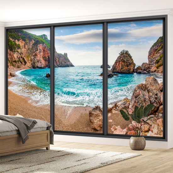 Optical Illusion Panoramic Bay Window Wall Mural / Wallpaper - Beach