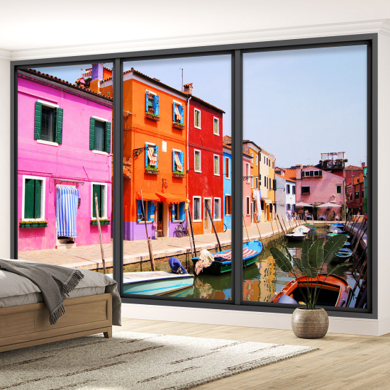 Optical Illusion Panoramic Bay Window Wall Mural / Wallpaper - Burano town