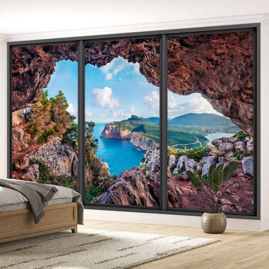 Optical Illusion Panoramic Bay Window Wall Mural / Wallpaper - Cave with sea view