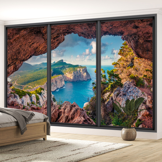 Optical Illusion Panoramic Bay Window Wall Mural / Wallpaper - Cave with sea view