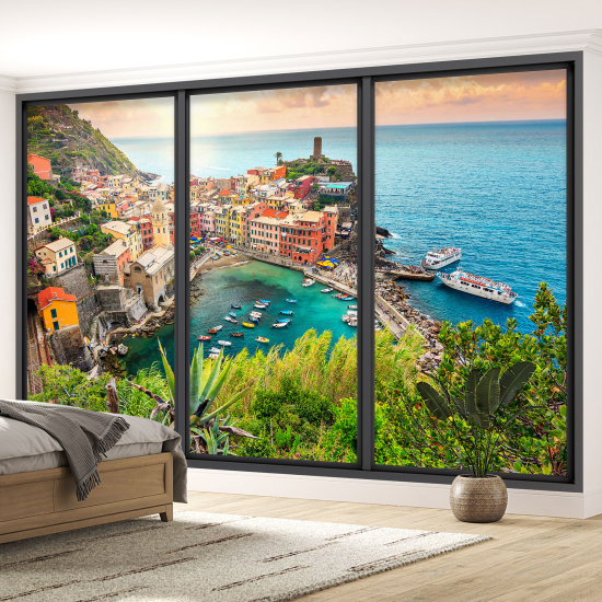 Optical Illusion Panoramic Bay Window Wall Mural / Wallpaper - Cinque Terre