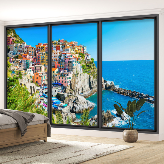 Optical Illusion Panoramic Bay Window Wall Mural / Wallpaper - Cinque Terre