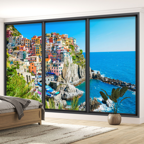 Optical Illusion Panoramic Bay Window Wall Mural / Wallpaper - Cinque Terre