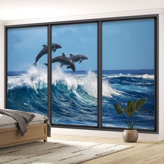 Optical Illusion Panoramic Bay Window Wall Mural / Wallpaper - Dolphins