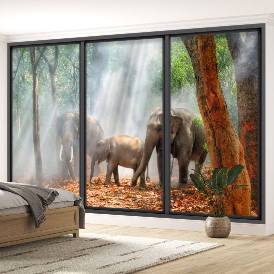 Optical Illusion Panoramic Bay Window Wall Mural / Wallpaper - Elephants