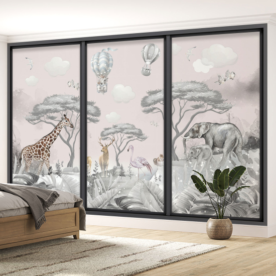 Optical Illusion Panoramic Bay Window Wall Mural / Wallpaper for Kids - Jungle animals