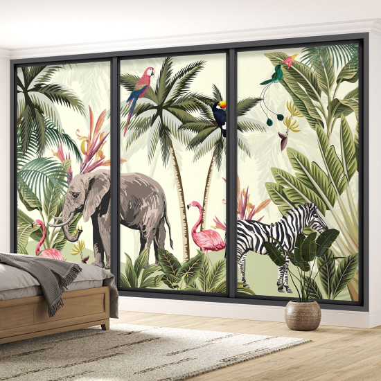 Optical Illusion Panoramic Bay Window Wall Mural / Wallpaper for Kids - Jungle animals