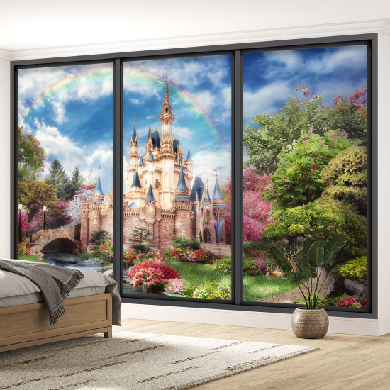 Optical Illusion Panoramic Bay Window Wall Mural / Wallpaper for Kids - Rainbow Castle