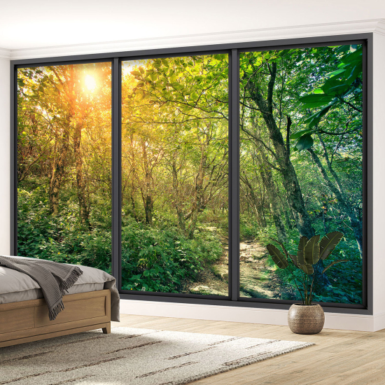 Optical Illusion Panoramic Bay Window Wall Mural / Wallpaper - Forest path