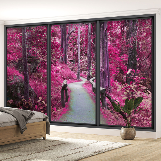 Optical Illusion Panoramic Bay Window Wall Mural / Wallpaper - Forest path