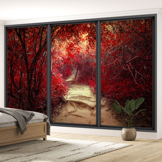 Optical Illusion Panoramic Bay Window Wall Mural / Wallpaper - Forest path