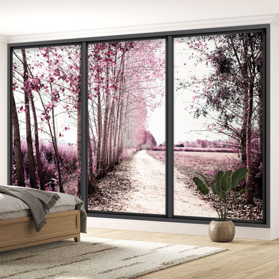 Optical Illusion Panoramic Bay Window Wall Mural / Wallpaper - Forest path