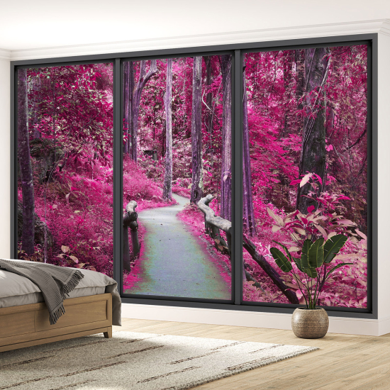 Optical Illusion Panoramic Bay Window Wall Mural / Wallpaper - Forest path