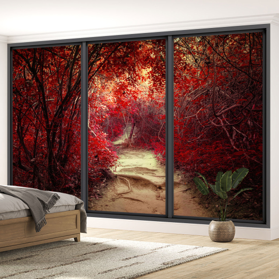 Optical Illusion Panoramic Bay Window Wall Mural / Wallpaper - Forest path