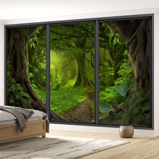 Optical Illusion Panoramic Bay Window Wall Mural / Wallpaper - Forest path