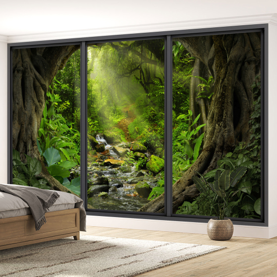 Optical Illusion Panoramic Bay Window Wall Mural / Wallpaper - Forest path