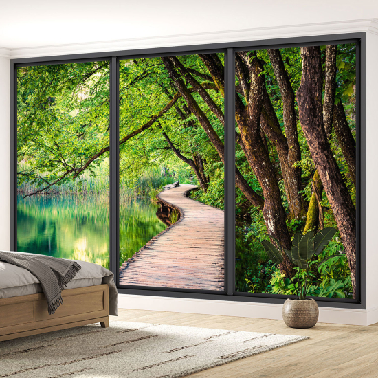 Optical Illusion Panoramic Bay Window Wall Mural / Wallpaper - Forest pontoon