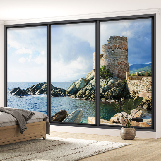 Optical Illusion Panoramic Bay Window Wall Mural / Wallpaper - Genoese Tower