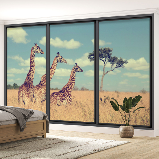 Optical Illusion Panoramic Bay Window Wall Mural / Wallpaper - Giraffes