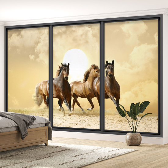 Optical Illusion Panoramic Bay Window Wall Mural / Wallpaper - Horses