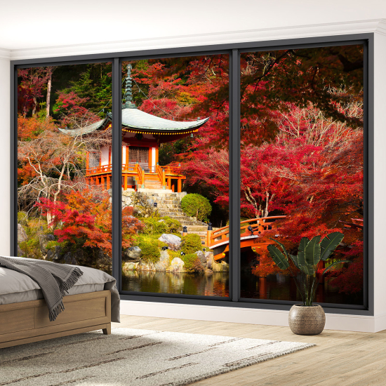 Optical Illusion Panoramic Bay Window Wall Mural / Wallpaper - Japanese Temple