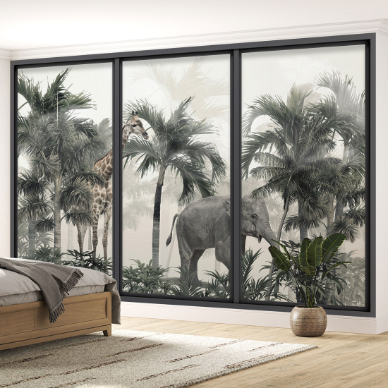 Optical Illusion Panoramic Bay Window Wall Mural / Wallpaper - Jungle animals