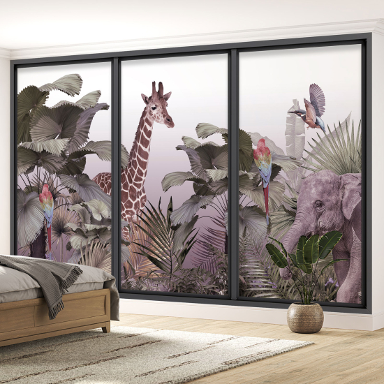 Optical Illusion Panoramic Bay Window Wall Mural / Wallpaper - Jungle animals