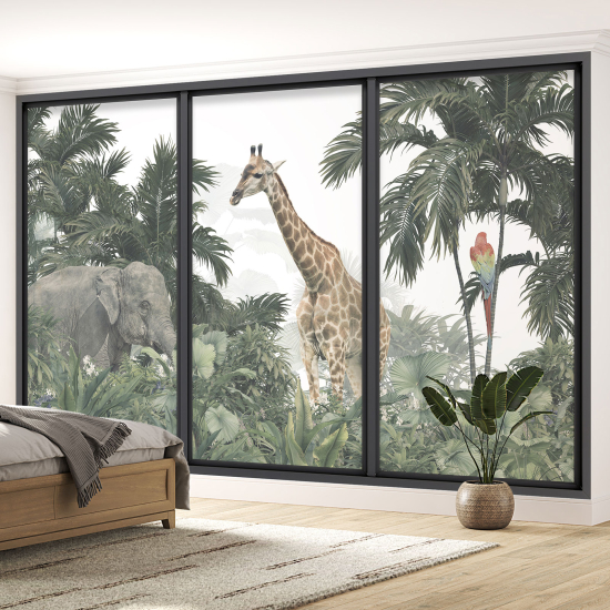 Optical Illusion Panoramic Bay Window Wall Mural / Wallpaper - Jungle animals