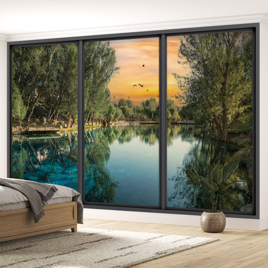 Optical Illusion Panoramic Bay Window Wall Mural / Wallpaper - Lake and forest