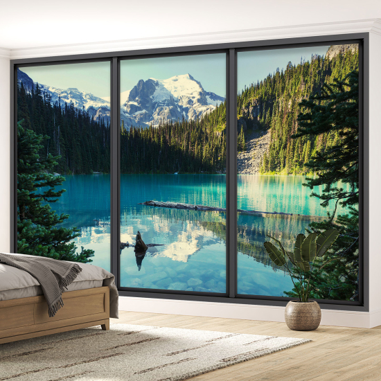 Optical Illusion Panoramic Bay Window Wall Mural / Wallpaper - Lake and mountain