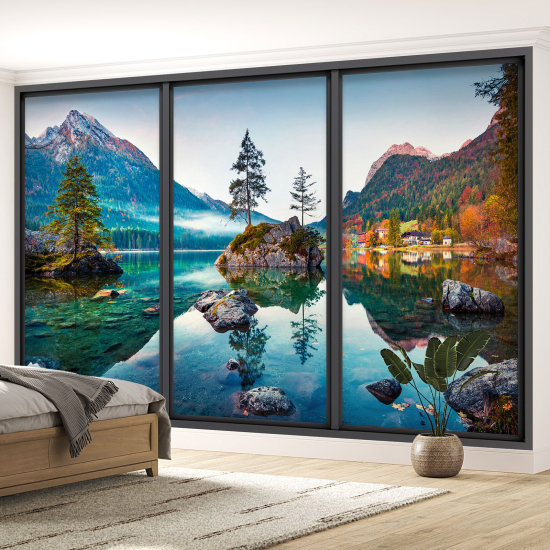 Optical Illusion Panoramic Bay Window Wall Mural / Wallpaper - Lake and mountains