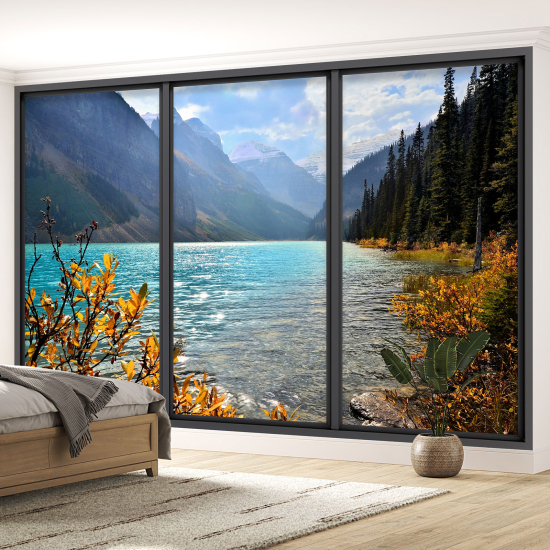 Optical Illusion Panoramic Bay Window Wall Mural / Wallpaper - Lake view