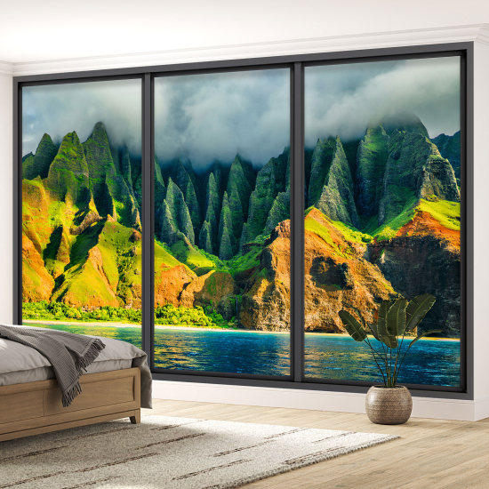 Optical Illusion Panoramic Bay Window Wall Mural / Wallpaper - Mountains