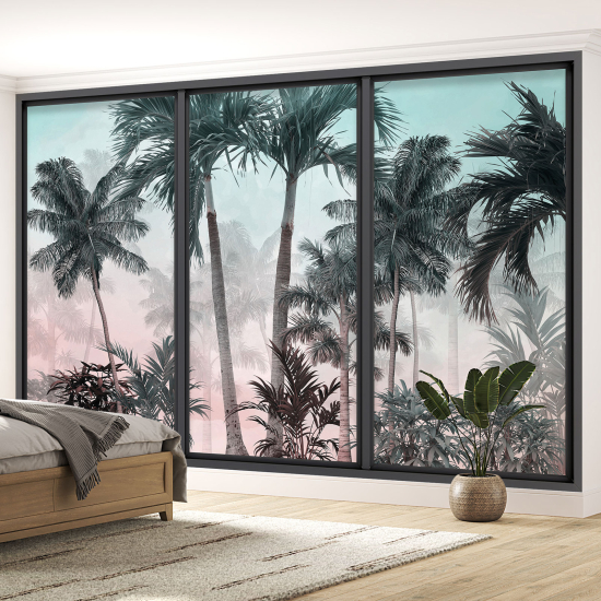 Optical Illusion Panoramic Bay Window Wall Mural / Wallpaper - Palm trees