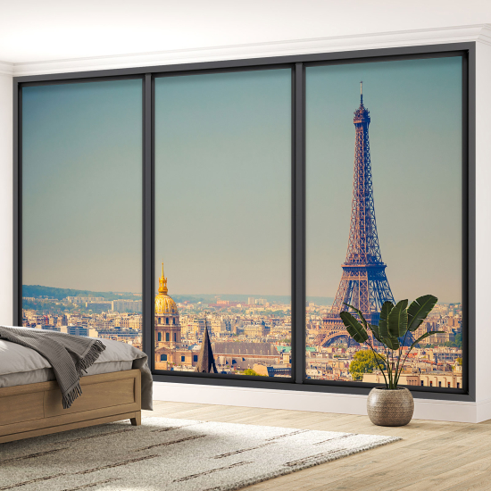 Optical Illusion Panoramic Bay Window Wall Mural / Wallpaper - Paris Eiffel Tower