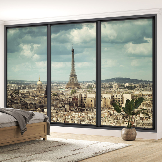 Optical Illusion Panoramic Bay Window Wall Mural / Wallpaper - Paris Eiffel Tower