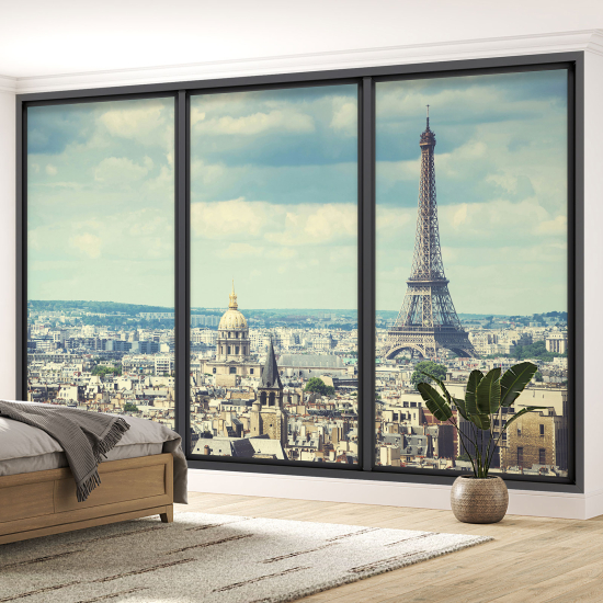 Optical Illusion Panoramic Bay Window Wall Mural / Wallpaper - Paris Eiffel Tower